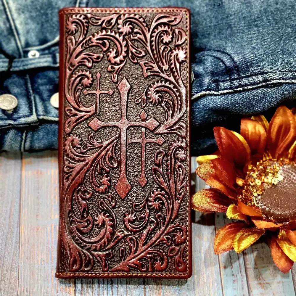 Cross Western Wallet Rodeo Cowboy Religious Real Leather bifold Brown Wa… - Picture 1 of 10